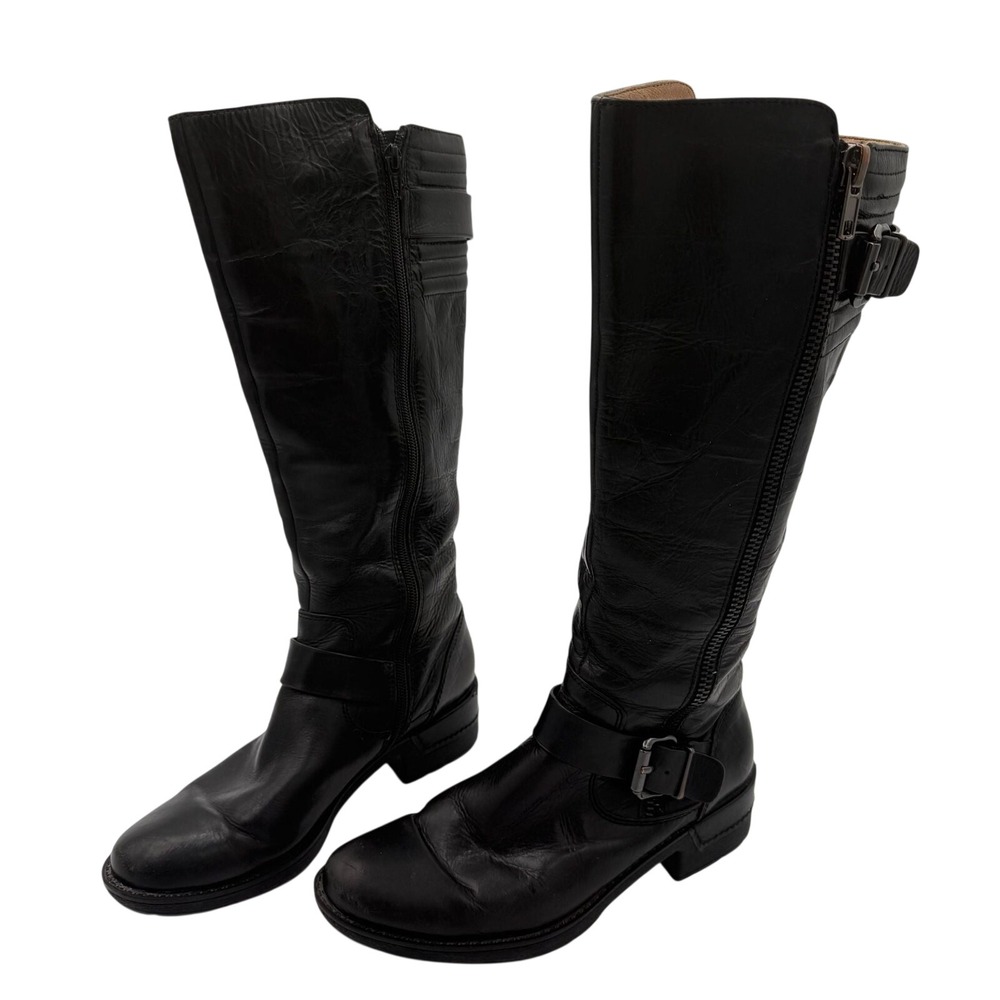 Sofft Tall Black Leather Riding Boots Women's 8M Moto Buckle Zip Knee High